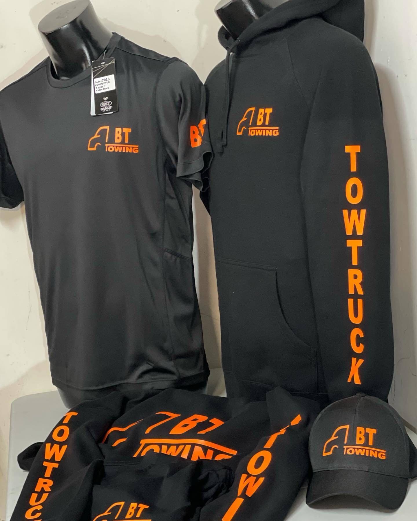 Black BT Towing tee, hoodie and cap with orange logos