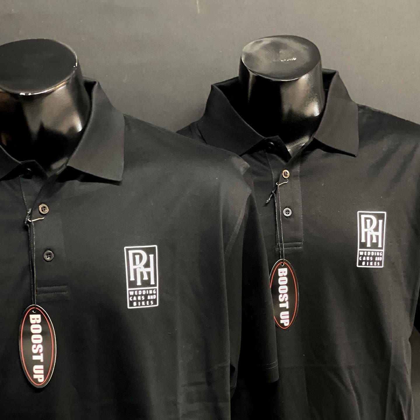 Black RH Wedding Cars and Bikes polos with an embroidered left-chest logo, made by South West Apparel